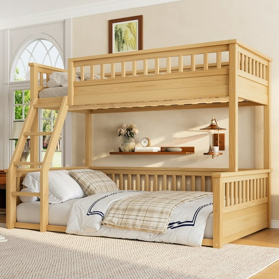 URTR Twin over Full Bunk Bed with Ladder & Guardrails, Solid Wood Detachable Low Bunk Bed, Space-Saving Design & No Box Spring Needed for Bedroom, Natural