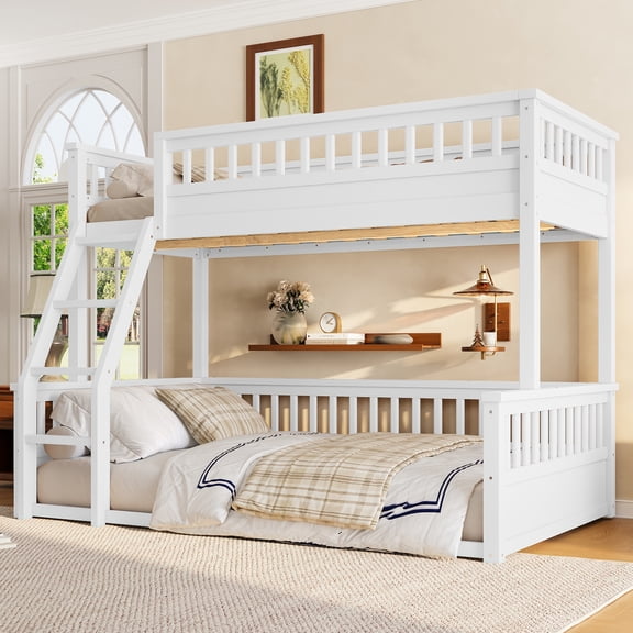 URTR Twin over Full Bunk Bed with Ladder & Guardrails, Solid Wood Detachable Low Bunk Bed, Space-Saving Design & No Box Spring Needed for Bedroom, White