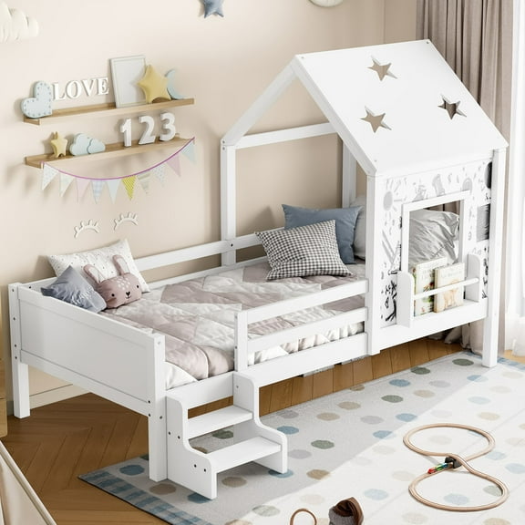 URTR Twin House Beds with Low-Profile Stairs and a Window, Solid Wood House Platform Bed with a Bookcase, Blackboard Design, and Cute Star-shape Roof, No Box Spring Needed,White