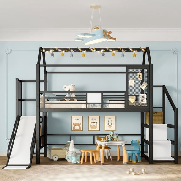 URTR Twin House Loft bed with Slide and Stairs, Metal Playhouse Bed with Storage Shelves, House-shaped Roof and Noise-free Design, Black