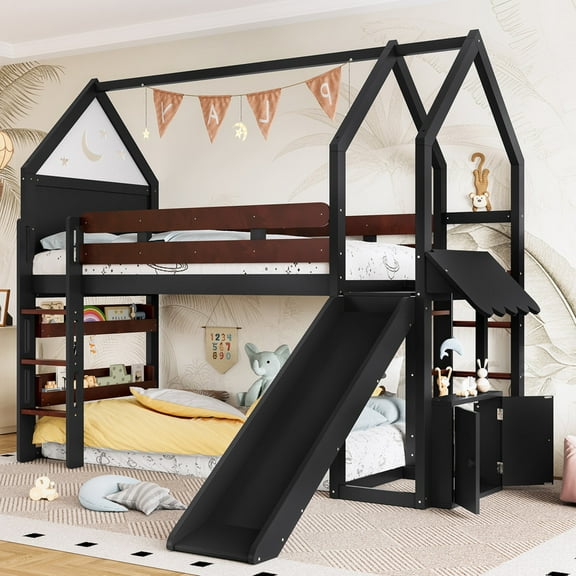 URTR Twin Loft Bed with Slide & Bookshelf, Solid Wood Loft Beds Frame with House Structure & Safety Rails, Fun Elevated Design for Game Room, Black