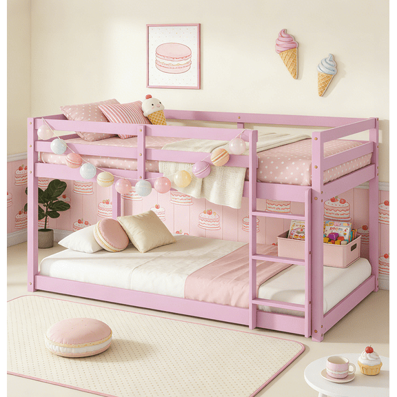 URTR Twin Over Twin Floor Bunk Bed with Ladder and Guardrails, Wood Low Profile Floor Twin Size Bunk Beds for Bedroom, No Box Spring Needed, Pink