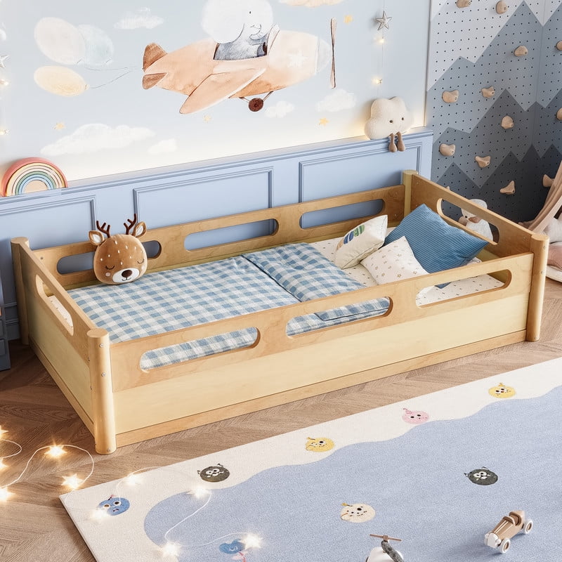 URTR Twin Size Floor Bed with High-Quality Safety Full-length Guardrails, Low Profile Wooden Montessori Platform Bed Frame, Heavy Duty Safety Bed, No Box Spring Needed, Natural