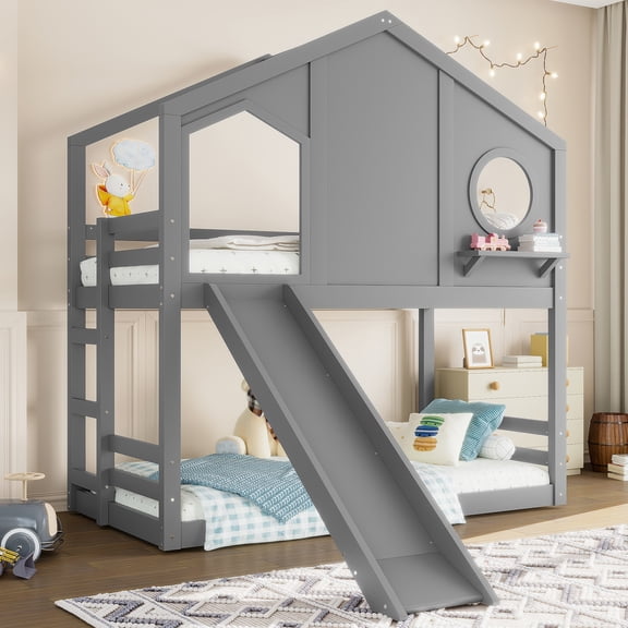 URTR Twin Size House Bunk Bed with Slide, Storage Shelves & Window, Solid Wood Twin House-Shaped Bunk Bedframe for Bedroom, Playful Design Bed Frame, Gray