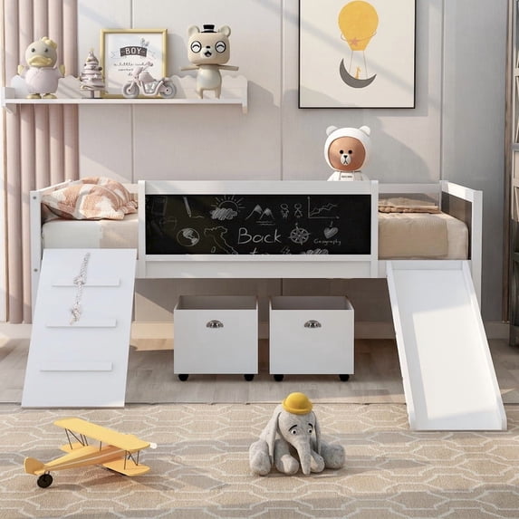 URTR Twin Size Loft Bed with Climbing Frame & Rope - Solid Pine Wood Bed with Double-Sided Chalkboard, Slide, 2 Lockable Storage Boxes - White Loft Bed for Bedroom