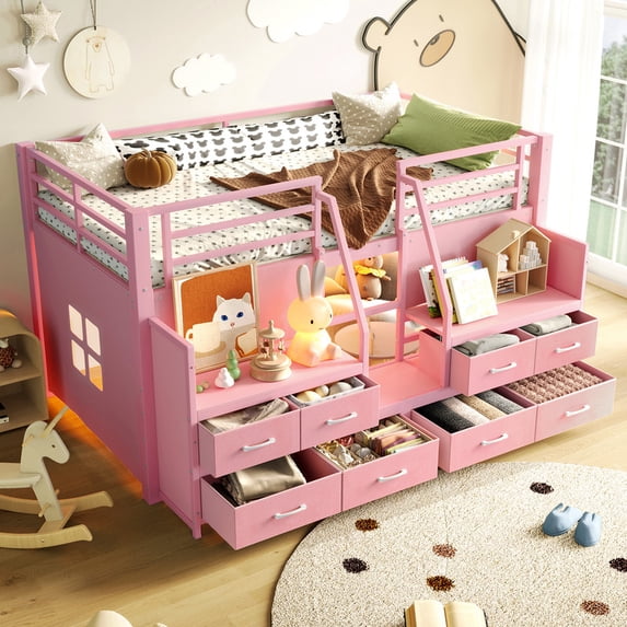 URTR Twin Size Loft Bed with 8 Storage Drawers and Open Storage Shelves, Metal Bed with LED Lights,Stairs and Guardrail, No Box Spring Needed, Pink