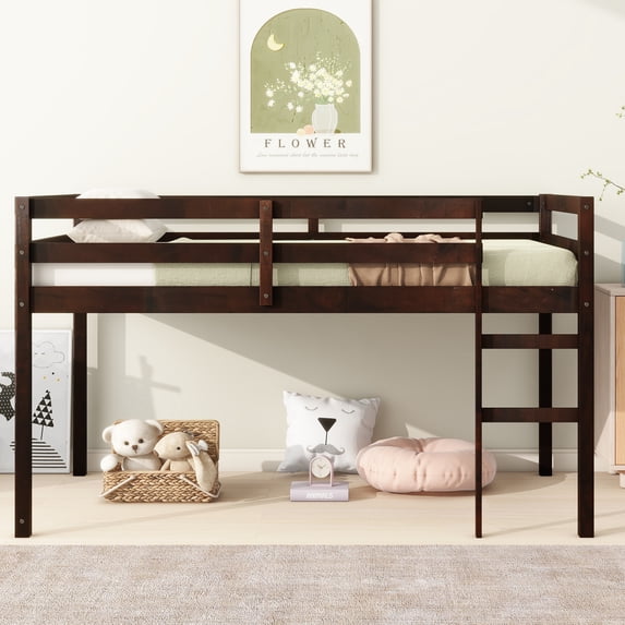 URTR Twin Size Low Loft Bed with Rails and Ladder, Rubber Wood Twin Loft Bed Frame with Large Under-Bed Space, Low Profile Bedframe for Bedroom, Espresso