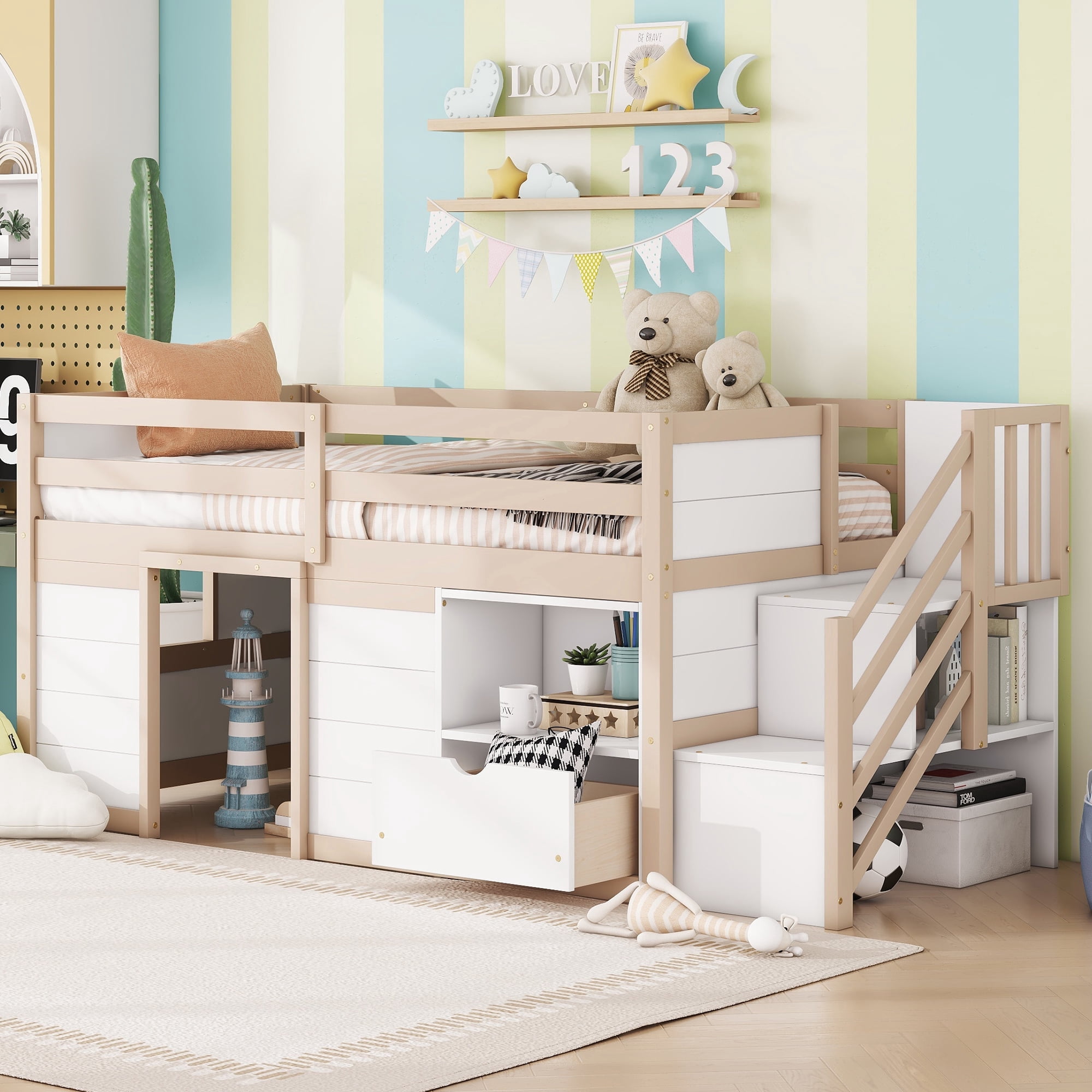 URTR Twin Size Low Loft Bed with Storage Drawers, Staircase, Shelf and ...