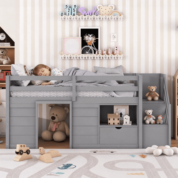 URTR Twin Size Low Loft Bed with Storage Drawers, Staircase, Shelf and Safety Guardrails, Twin Wooden Loft Bed Frame with Under-Bed Play Space for Bedroom, Gray