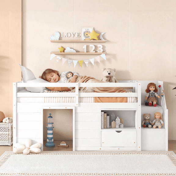 URTR Twin Size Low Loft Bed with Storage Drawers, Staircase, Shelf and Safety Guardrails, Twin Wooden Loft Bed Frame with Under-Bed Play Space for Bedroom, White