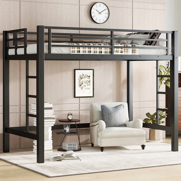 URTR Twin Size Metal Loft Bed Frame, Heavy-Duty Bunk Bed with Removable Ladder & Full-Length Guardrail for Safety, Black