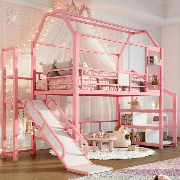 URTR Twin Size Metal Playhouse Loft Bed with Slide and Stairs, Heavy Duty Twin Loft Bed Frame with Storage Shelves for Bedroom, Pink