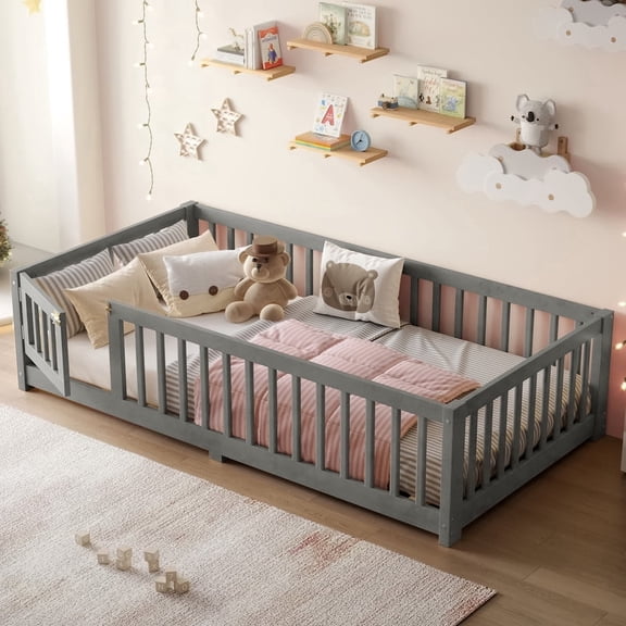 URTR Twin Size Montessor Solid Wood Floor Bed, Bed with Fence and Door, Low-to-Floor Bed Frame with Slats, Gray B