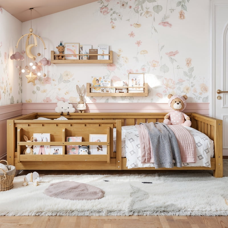 URTR Twin Size Montessori Floor Bed with Storage Bookshelf and High-Quality Safety Guardrail, Wooden Twin Floor Bed Frame, Low Profile Twin Bed with Fence and Headboard, Light Natural