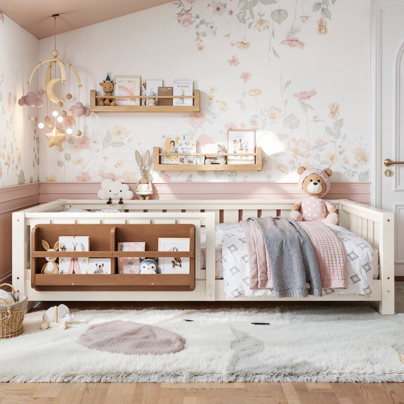 URTR Twin Size Montessori Floor Bed with Storage Bookshelf and High-Quality Safety Guardrail, Wooden Twin Floor Bed Frame, Wooden Platform Bed, Low Profile Twin Bed with Fence and Headboard, Beige