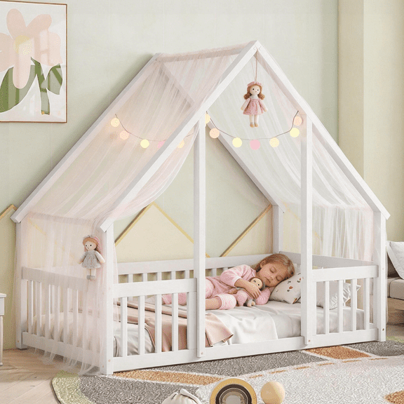 URTR Twin Size Montessori House Floor Bed with Fence Rails, Solid Wood Twin House Bed Frame for Bedroom, Playhouse, White