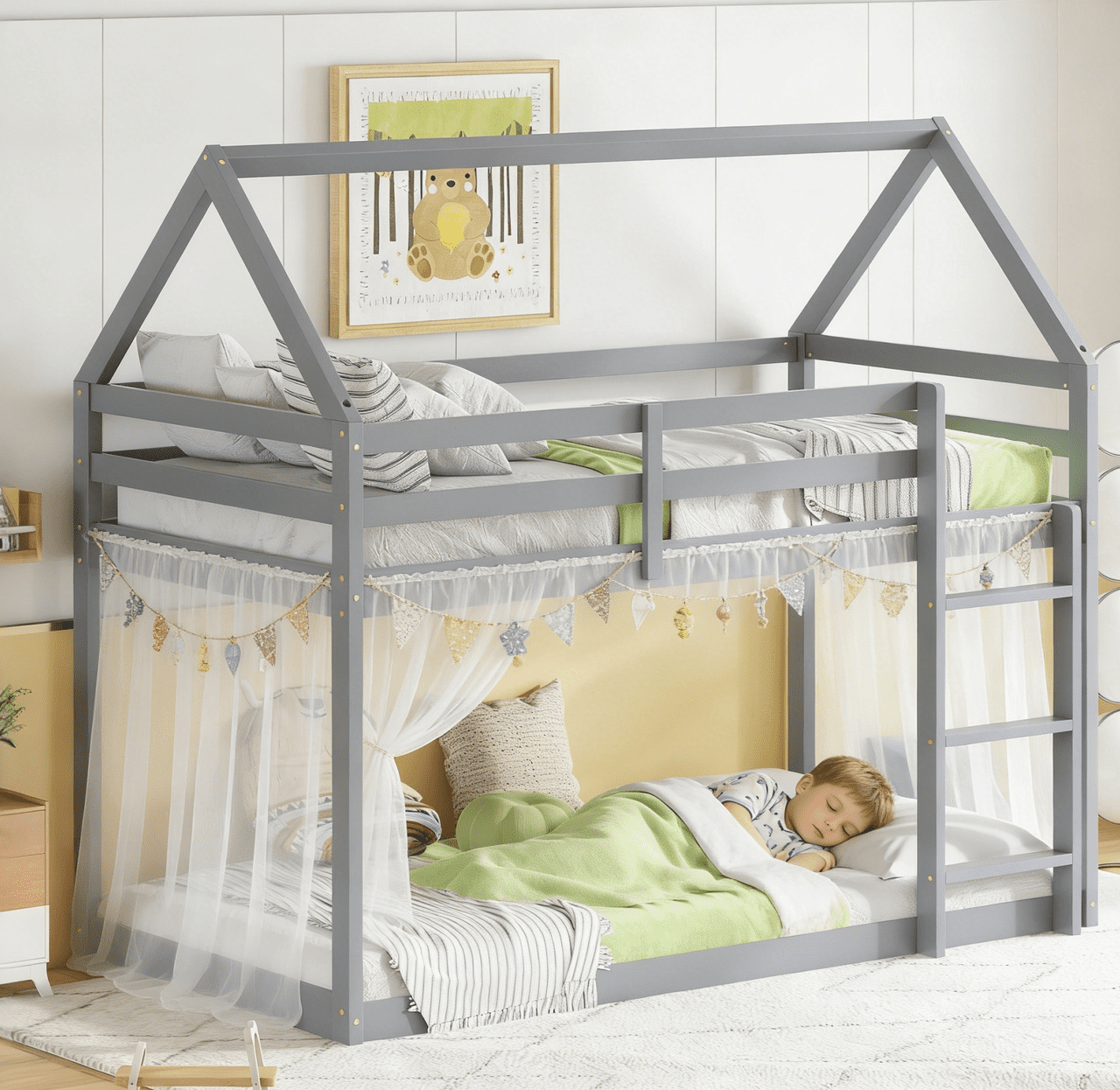 URTR Twin Over Twin Floor House Bunk Bed with High Quality Ladder and ...