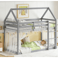 thumbnail image 1 of URTR Twin Over Twin Floor House Bunk Bed with High Quality Ladder and Guardrails, Wooden Low House-Shaped Twin Size Bunk Bed Frame for Bedroom, Gray, 1 of 6