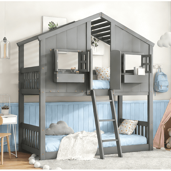 URTR Twin Over Twin House Bunk Bed with Frame, Roof, Windows, Windows Box and Small Door, Twin Size Floor Bunk Bed with Ladder and Safety Guardrails, Gray