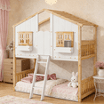 thumbnail image 1 of URTR Twin Over Twin House Bunk Bed with Frame, Roof, Windows, Windows Box and Small Door, Twin Size Floor Bunk Bed with Ladder and Safety Guardrails, Natural+White, 1 of 10