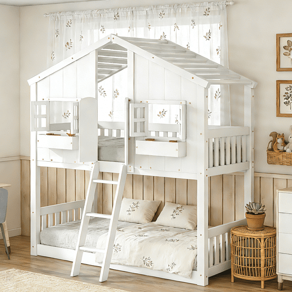 URTR Twin Over Twin House Bunk Bed with Frame, Roof, Windows, Windows Box and Small Door, Twin Size Floor Bunk Bed with Ladder and Safety Guardrails, White