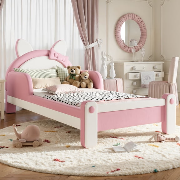 URTR Twin Upholstered Bed with Cat-Shaped Headboard, Low Profile Pink Princess Bed, White & Pink