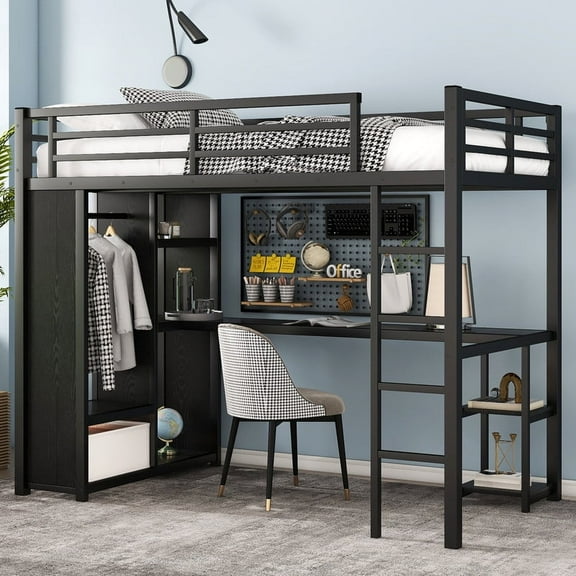 URTR Twin XL Loft Bed with Desk & Built-In Wardrobe, Metal Loft Beds Frame with Storage Shelves, Space Efficient Elevated Design for Small Apartment, Black
