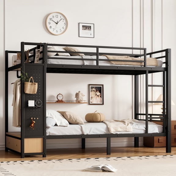 URTR Twin XL over Twin XL Size Metal Bunk Bed with Multifunctional Storage Shelves, Drawers and Pegboard for Teens, Coat Rack, Headboard Shelf, Space-Saving Modern Design for Dorm or Apartment, Black