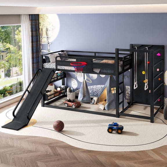 URTR Twin size metal loft bed with basketball hoop, pull-up rings, climbing wall, and built-in bookshelves. Playful featuring a slide,Suitable for teenagers to use,Black