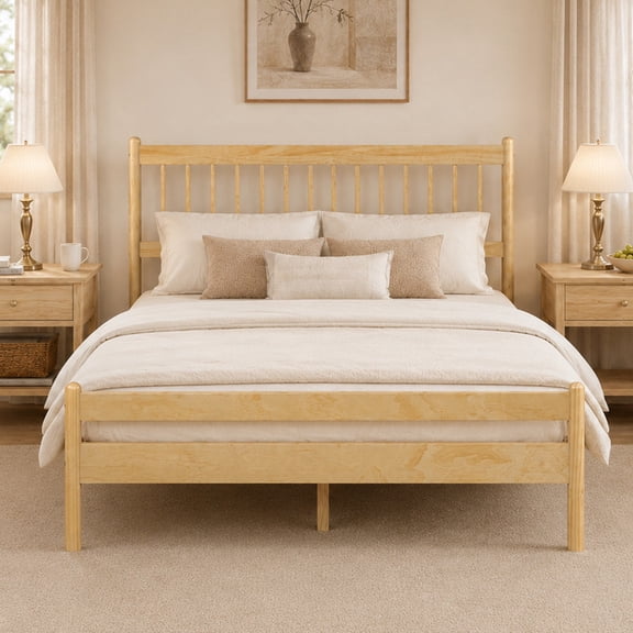 URTR Windsor Bed with Headboard & Footboard, Solid Pine Wood Frame with Central Support Legs & Under-Bed Storage for Bedroom, Queen, Natural