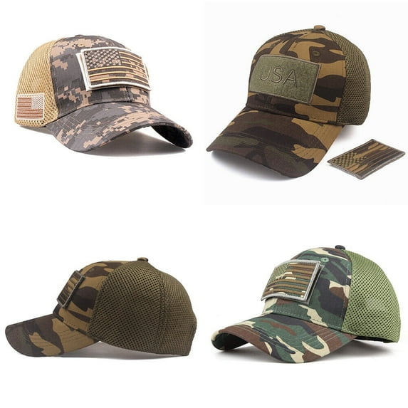 US 1 American Flag Hat Tactical Army Detachable Patch Mesh Camo Baseball Cap