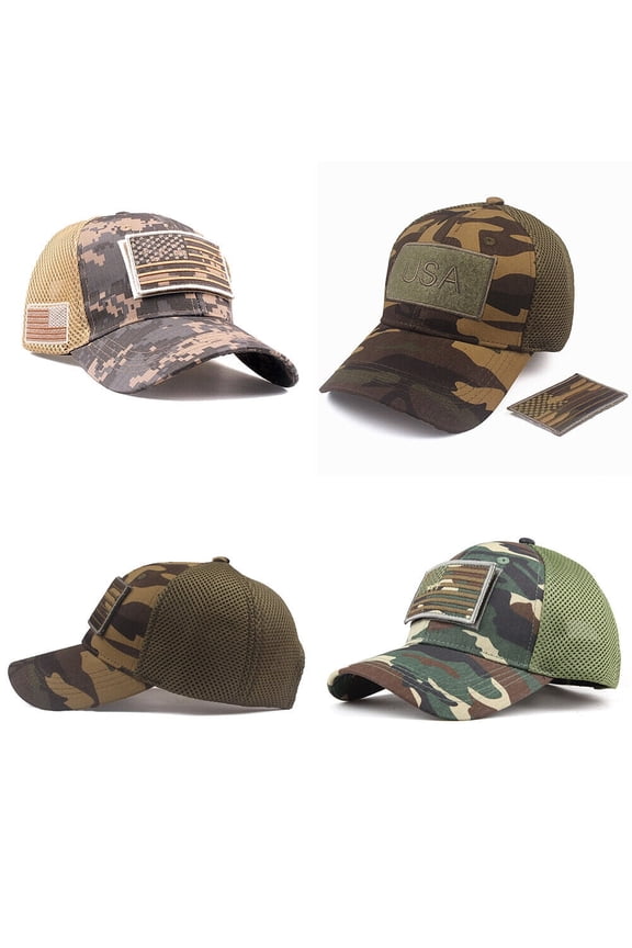 US 1 American Flag Hat Tactical Army Detachable Patch Mesh Camo Baseball Cap