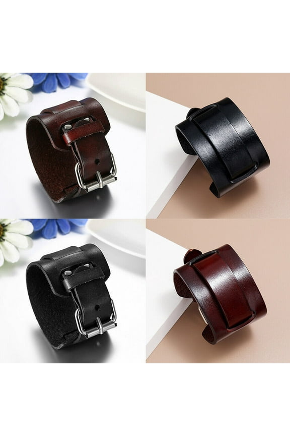 1-2 Pc Men's Punk Wide Genuine Leather Belt Wristband Bangle Cuff Adjustable