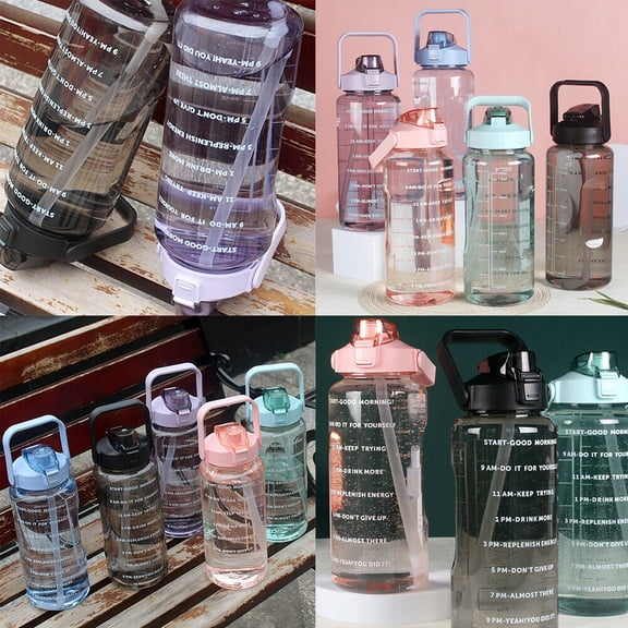US 1-2 Pc Motivational Half Gallon/64 oz Water Bottle w/ Time Marker with straw