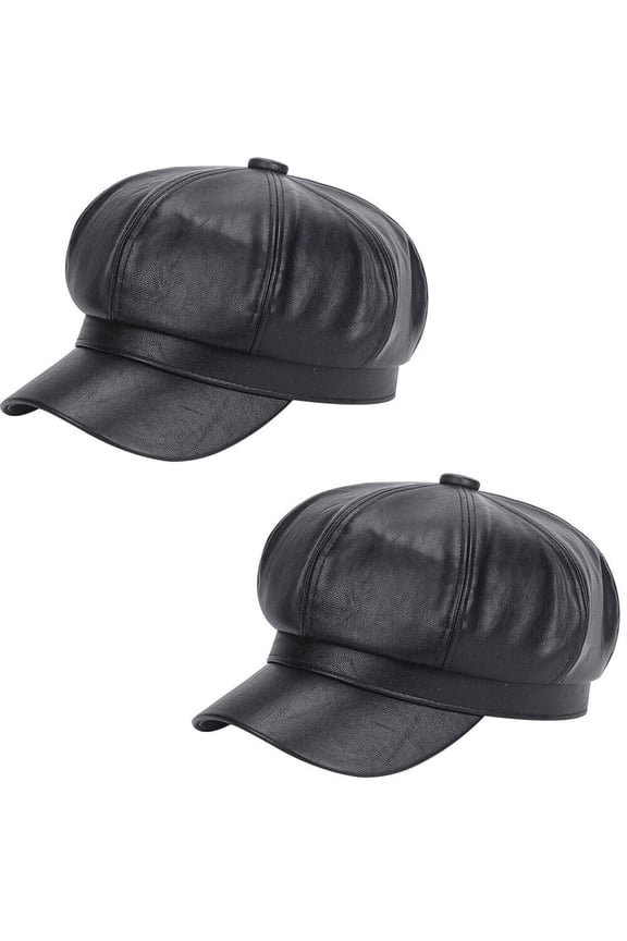 US 1-2Pc Women's PU Leather Plain Newsboy Cap Cabbie Visor Painter Hat Beret Hat