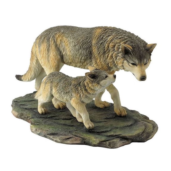 US 10.75 Inch Animal Figurine Wolf and Cub Walking Black Ochre White Gray