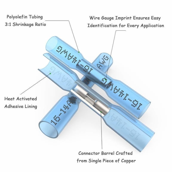US (100) Blue Heat Shrink Butt Wire Connectors Crimp Terminals 14-16 Gauge AWG