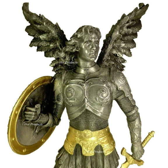 US 12.75 Inch Archangel Saint Michael Figurine, Pewter and Gold Color