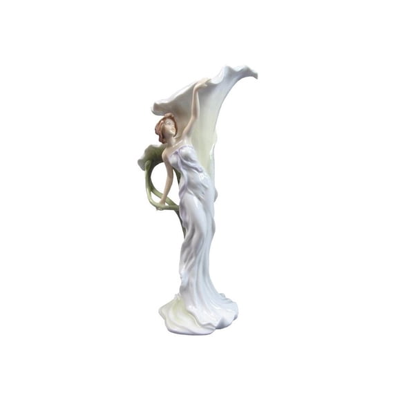 US 13.5 Inch Porcelain Calla Lily Vase Woman Reaching Leaf Stem Handle