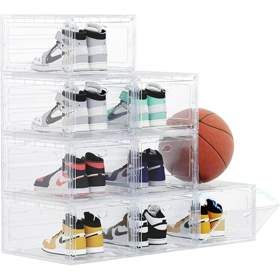 US 15 Clear Entryway Shoe Storage Boxes Stackable XXL, 8 Pack Clear Shoe Boxes Stackable for Closet, Drop Front Large Plastic Shoe Containers Collecting Sneakers