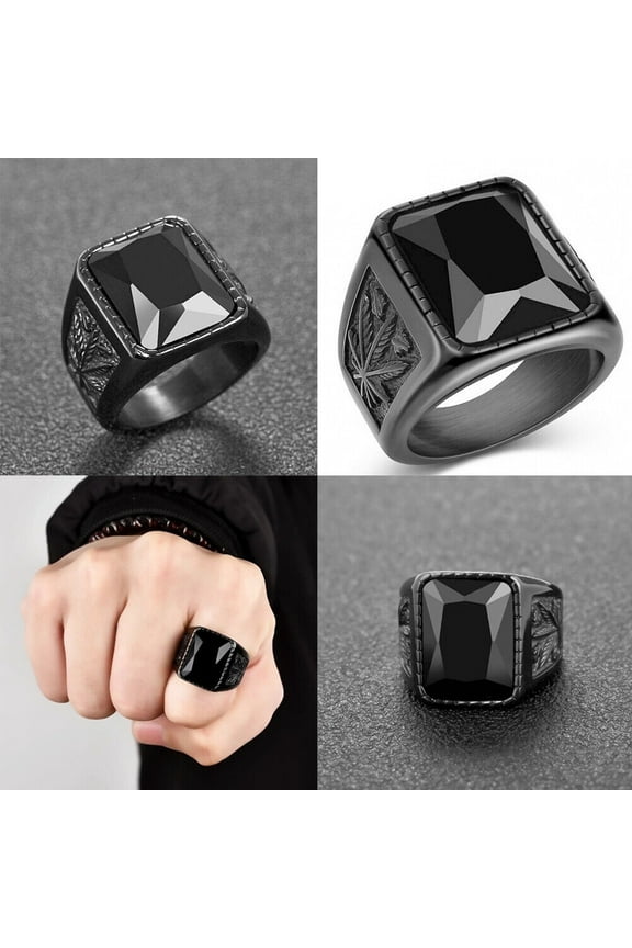 2 Pack Black Mens Stainless Steel Onyx Stone Ring Size 7 8 9 10 11