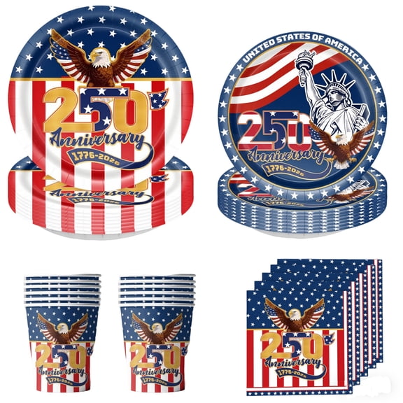 US 250 Paper Party Tableware Sets, 4th of july Decor, Heavy Duty Disposable Plates Napkins and Tablecloths, 4th Of July Celebration Decor for Backyard Picnic Tables, Neighborhood Block Party Buffets