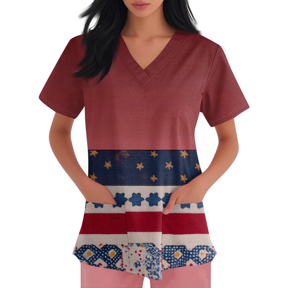 US 250 Years Anniversary Womens Scrub Tops Vintage Stars Print Short Sleeve V Neck Workwear Uniforms 4th of July 2026 New Medical Plus Size Scrub Shirts