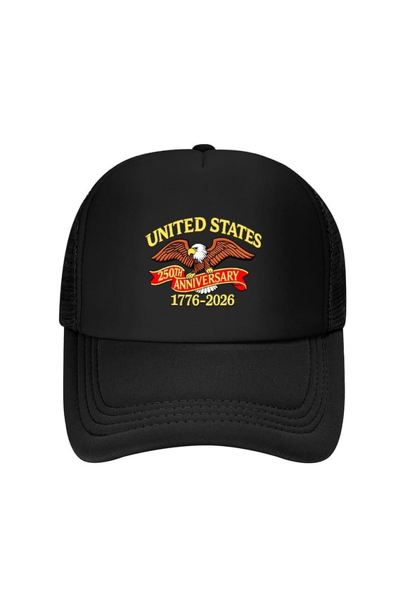 US 250th Anniv Mesh Hat, Adj USA Baseball Cap 1776-2026 American Eagles Hat for Men, Adj Back Breathable Mesh, Polyester,Fits 22-24" Head