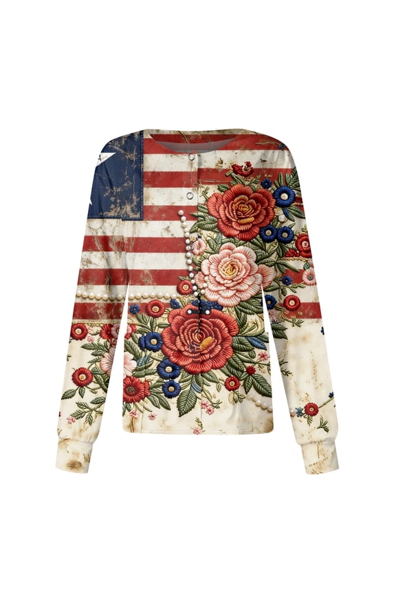 US 250th Anniverasry Scrub Jacket for Women 4th Of July Long Sleeve Snap Front Patriotic National Flag Floral Printed Nursing Uniforms
