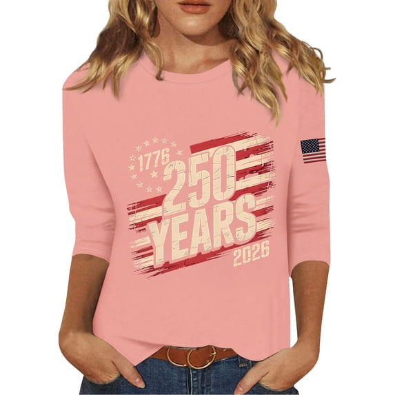 US 250th Anniversary 3/4 Sleeve Tops for Women Trendy Crewneck 250 Years and Flag Printed Shirts 4th of July Patriotic Tee Tops