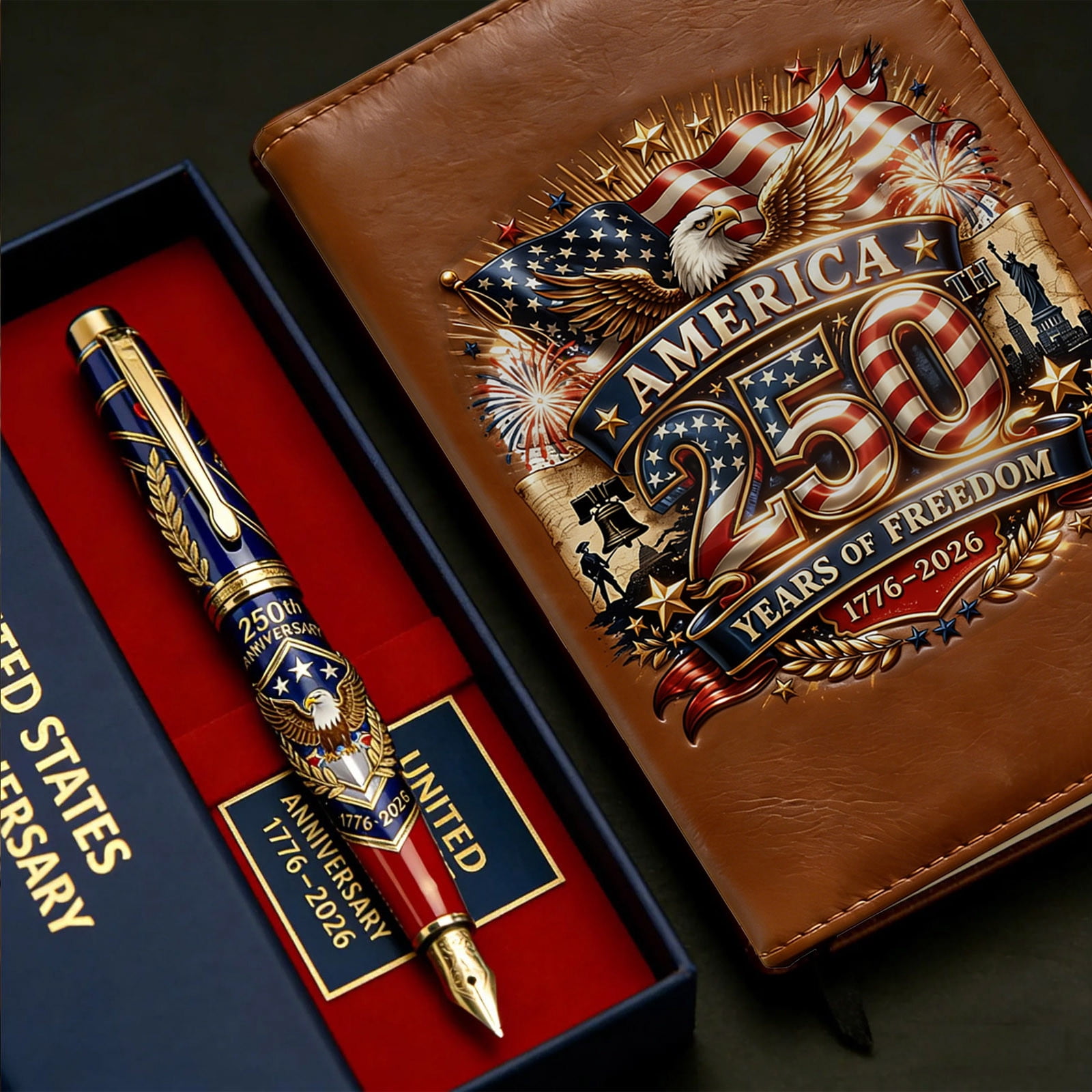US 250th Anniversary Commemorative Gift Set, 1776-2026 Patriotic Fountain Pen & Leather Notebook, America 250 Years of Freedom Souvenir
