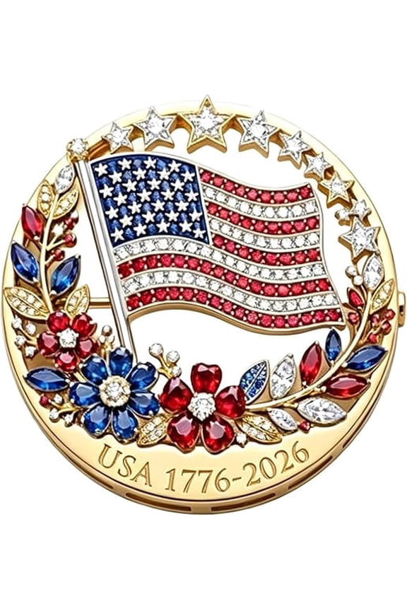 US 250th Anniversary Enamel Brooch Pin,2.05in American Flag Rhinestone Lapel Pin Gold,1776-2026 Patriotic Floral Star Badge,Patriotic Jewelry for Independence Day Gift