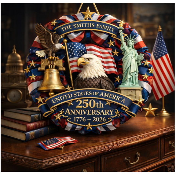 US 250th Anniversary - Personalized Patriot Wood Sign, 250 Anniversary 4th of July Door Sign, 250th Anniversaries 1776-2026 Wreath Patriotic Independence Door Hanger Wooden Decor (Door Sign_11.81")