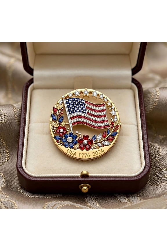 US 250th Anniversary Pin - Gold Crystal Rhinestone Brooch Pin, American Flag Rhinestone Lapel Pin, 1776-2026 Patriotic American Flag Patriotic Floral Star Badge, No Box, Idea Gift